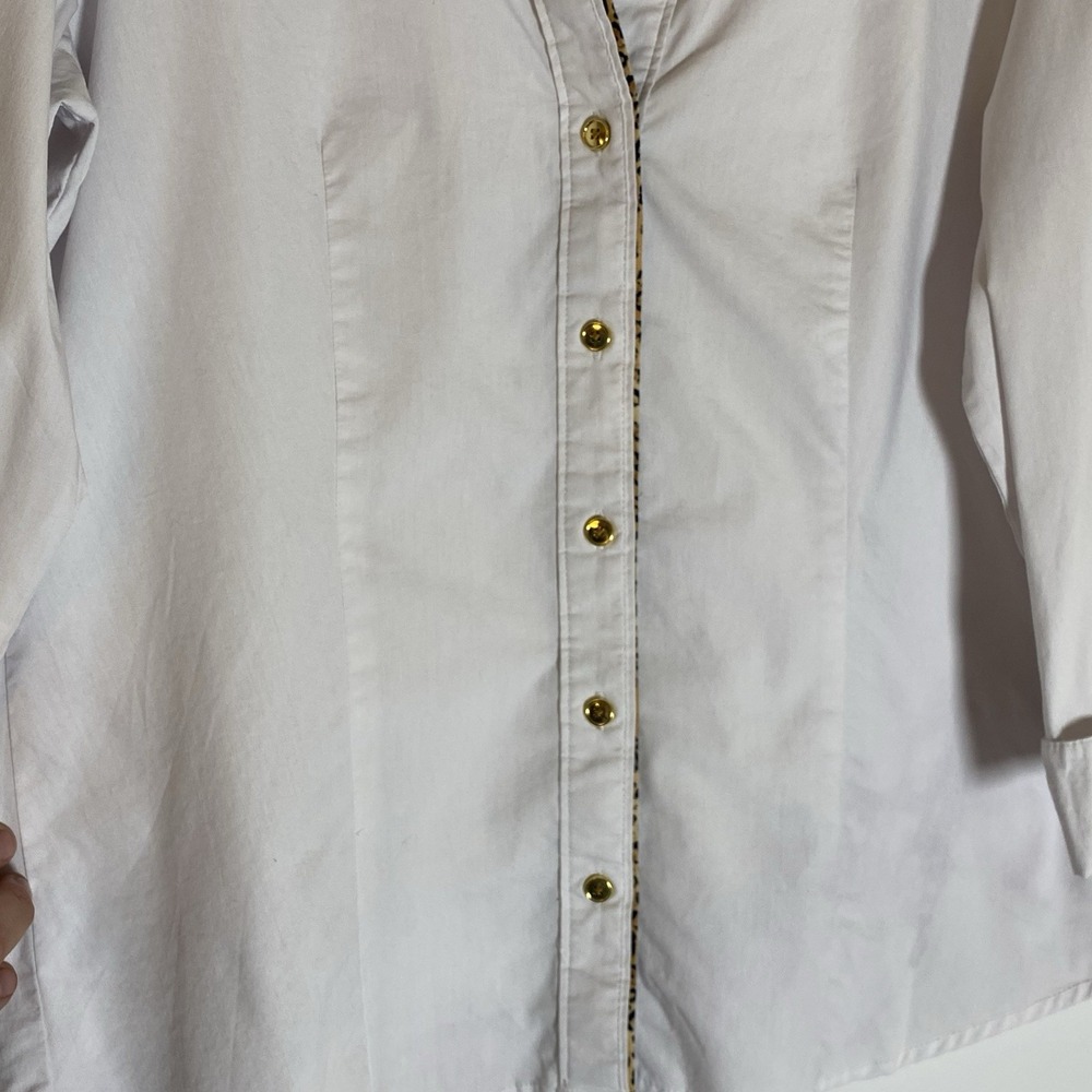 New Direction Top Womens Large White Leopard Trim Button Down Cuff Shirt Classic - Picture 8 of 16